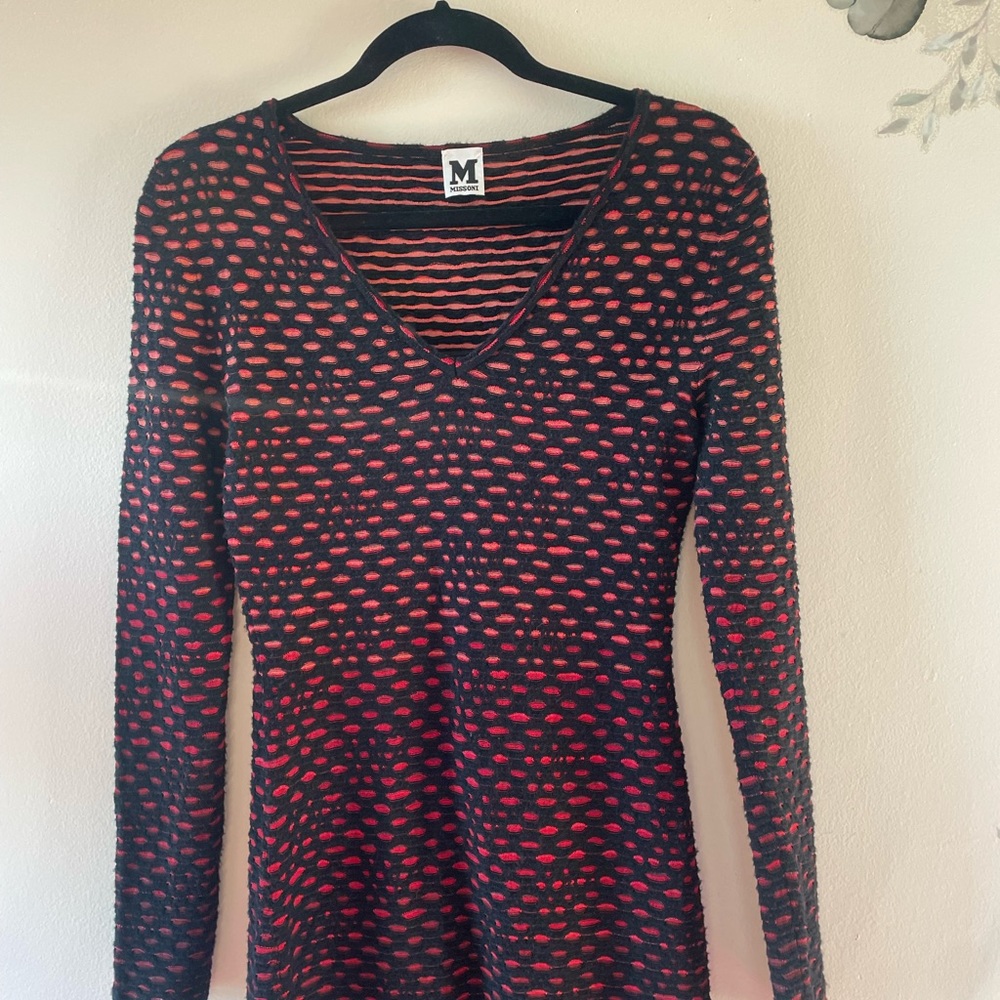 Missoni Black and Red Patterned V-Neck Long Sleeve Dress